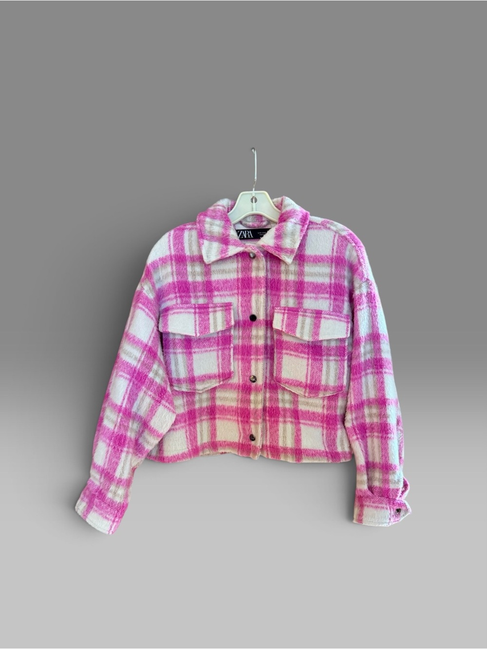 Zara Pink and White Plaid Cropped Jacket